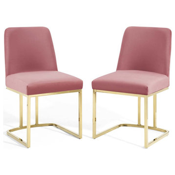 Side Dining Chair, Set of 2, Velvet, Metal, Gold Pink, Modern, Bistro Restaurant