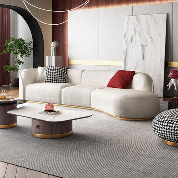 134" Curved White Sectional Sofa Upholstered 5-Seater Floor Sofa Faux-Fur Polyes