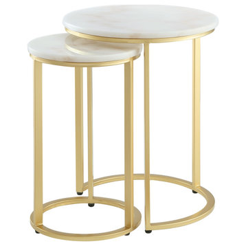 2-Piece Inspired Home Araya End Table, Round Marble/Stackable, Gold