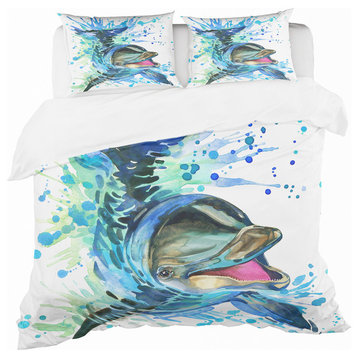 Large Blue Dolphin Watercolor Nautical and Coastal Duvet Cover, Queen