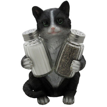 Decorative Black and White Kitty Cat Glass Salt and Pepper Shaker 3-Piece Set