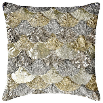 Silver & Gold Silk Sequins & Fish Scales 22"x22" Throw Pillow Cover - Altimo