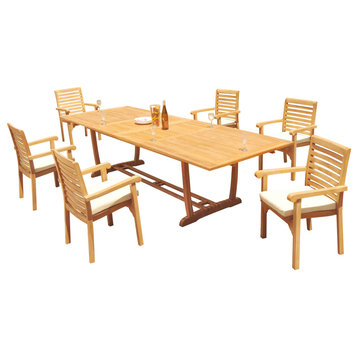 7-Piece Outdoor Teak Dining: 117" Masc Rectangle Table, 6 Hari Stacking Chairs