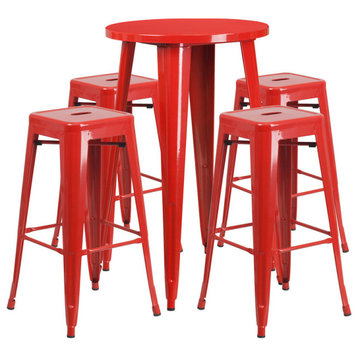 24'' Round Red Metal Indoor-Outdoor Bar Table-4 Sq Seat Backless Barstools