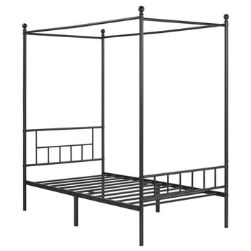 Classic Canopy Bed, Black Finished Metal Frame & Top Ball Finials Details, Twin