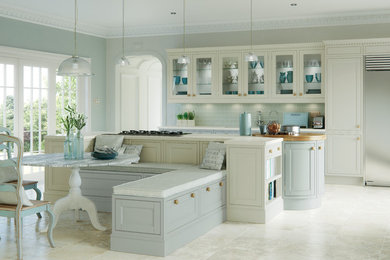 Photo of a contemporary kitchen in Other with a double-bowl sink, shaker cabinets, beige cabinets, green splashback, metro tiled splashback, stainless steel appliances and an island.