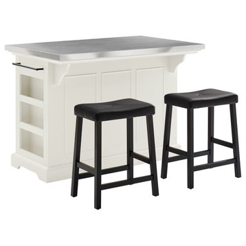 Julia Stainless Steel Top Island With Upholstered Counter Height Saddle Stools
