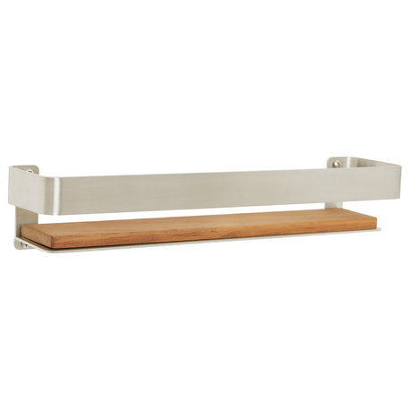 Rectangular Floating Shower Shelf With Rail and Natural Teak Wood, Satin