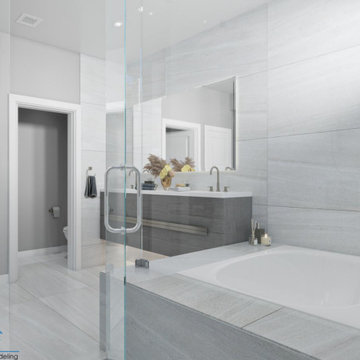 Master bathroom gray modern backlit mirror