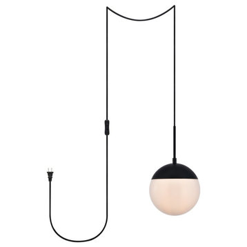 Elsa 1-Light Black Plug-In Pendant With Frosted White Glass