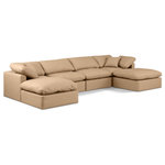 Meridian Furniture - Indulge Upholstered Modular U-Shaped Sectional, Tan, 6-Piece: 2 Armless Chair, 2 Corner Chair, 2 Ottoman, Fiber Stuffed Vegan Leather - Experience ultimate comfort and style with our tan vegan leather Indulge Sectional. The luxurious vegan leather will elevate the aesthetic of any room. This sofa provides ample space for you to relax while its modular build offers the option of unlimited configurations. Whether you're looking to add a stylish element to your living room or a comfortable seating option to your bedroom, this sofa is the perfect choice.
