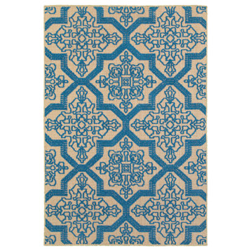 Costa Ornate Floral Medallions Sand and Blue Indoor/Outdoor Rug, 7'10"x10'10"