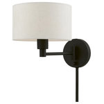 Livex Lighting - Swing Arm Wall Lamps 1 Light Black Swing Arm Wall Lamp - Add this versatile swing arm wall lamp bedside or above a favorite reading chair to enjoy more light where you need it. The black finish is transitional while the oatmeal fabric shade offers subtle texture.