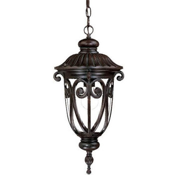 Mahogany Outdoor Hanging Lantern-Light, Hand-Blown Clear Seeded Glass