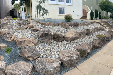 Inspiration for a mid-sized asian drought-tolerant and rock front yard river rock landscaping in San Francisco.