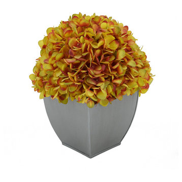 Artificial Hydrangea in Silver Tapered Zinc Cube, Gold