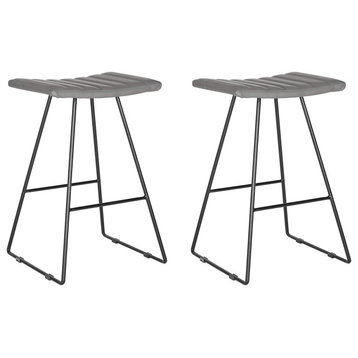Set of 2 Counter Stool, Sleek Metal Base With Faux Leather Upholstery, Grey