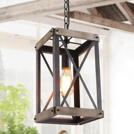 LALUZ 1-Light Matte Black and Wood Brown Square Pendant Light