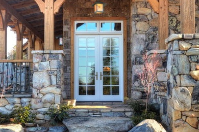 Mid-sized rustic two-story wood gable roof idea in Charlotte
