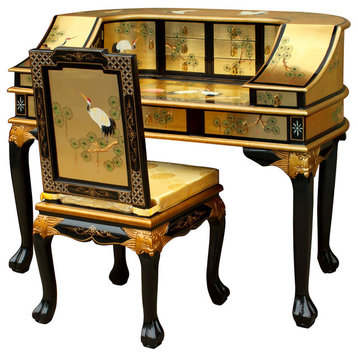 Chinoiserie Harpsichord Style Desk With Chair, Gold