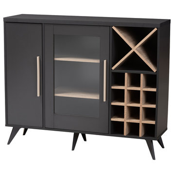 Joleen Mid-Century Modern Dark Gray and Oak Finish Wine Cabinet
