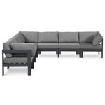 Meridian Furniture - Nizuc Water Resistant Patio L-Shaped Modular Sectional, Gray, 7-Piece: 4 Armless Chair, 3 Corner Chair, Dark Gray Aluminum Frame - Pick and choose your favorites from the Nizuc collection to create a modular seating group the whole gang will enjoy. The sturdy aluminum frame provides dependable support for friends and family as they relax and unwind, and the resilient grey water resistant fabric stands up to the elements without losing its beautiful demeanor, so you can count on it lasting for the long haul. Latches beneath these seating pieces help you easily attach them to one another for convenient setup.