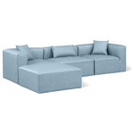 Meridian Furniture - Cube Upholstered Modular Sectional, Light Blue, 4-Piece: 1 Armless Chair, 2 Corner Chair, 1 Ottoman, Vegan Leather - Elevate your space with the luxurious Cube Vegan Leather Modular Sectional. This modular sectional exudes modern elegance, charm, and comfort making it a perfect addition to any contemporary living space. Its clean lines and cube shape are reminiscent of minimalist design, while the plush light blue vegan leather upholstery adds a touch of luxury and sophistication. The chair's versatile construction and geometric aesthetic seamlessly integrate into various design styles, from sleek living rooms to chic home offices, embodying the essence of modern design and creating a sense of order and tranquility in your space.