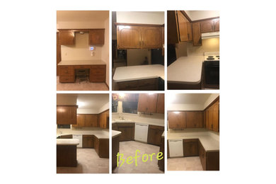Design ideas for a mid-sized transitional u-shaped eat-in kitchen in Other with beaded inset cabinets, medium wood cabinets, laminate benchtops, beige splashback and beige benchtop.