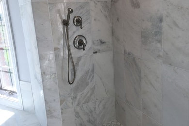Mid-sized transitional master bathroom photo in Chicago with white cabinets and quartzite countertops
