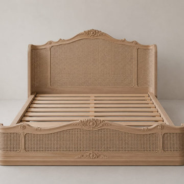 French Country Cane Bed Frame | Hand-Carved Louis XV Natural Wood Design