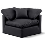 Meridian Furniture - Indulge Upholstered Modular Chair, Black, Fiber Stuffed Vegan Leather, Corner Chair - Experience ultimate comfort and style with our black vegan leather Indulge Corner Chair. The luxurious vegan leather will elevate the aesthetic of any room. This chair provides ample space for you to relax while its modular build offers the option of unlimited configurations. Whether you're looking to add a stylish element to your living room or a comfortable seating option to your bedroom, this chair is the perfect choice.