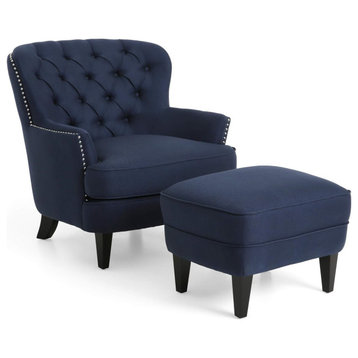 Contemporary Accent Chair With Ottoman, Padded Seat & Button Tufted Back, Blue