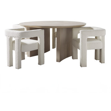 Mandy 5pc Round Dining Set, Weathered Beige with Ivory Boucle Chairs