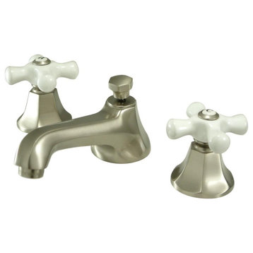 Widespread Bathroom Faucet, Brass Body & Cross White Handles, Brushed Nickel