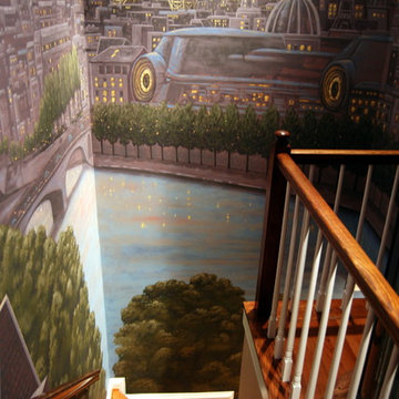 Paris Panorama 360 degree Mural hand painted throughout a 17 foot stairway