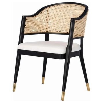 Midcentury Dining Chair, Golden Tipped Legs With Padded Seat & Round Rattan Back