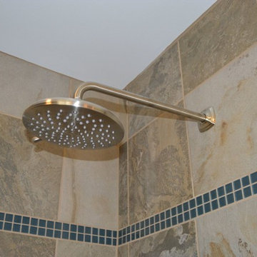 Bath Remodel with Cabinets in Maple Briarwood Stain and Silestone Lagoon Tops