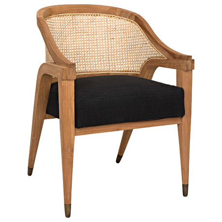 Chloe Chair, Teak, Caning, and Black Cotton