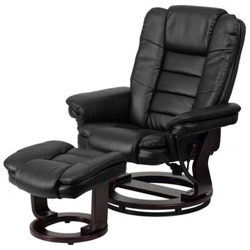 Modern Recliner Chair & Ottoman, Mahogany Wood Base & PU Leather Seat, Black