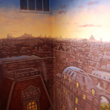 Paris Panorama 360 degree Mural hand painted throughout a 17 foot stairway