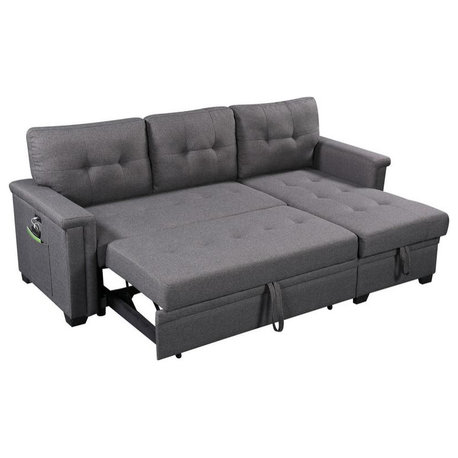 Nathan Dark Gray Reversible Sleeper Sectional Sofa With Storage Chaise, Usb...
