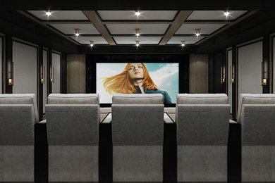 Стильный дизайн: большой изолированный домашний кинотеатр в современном стиле с серыми стенами, ковровым покрытием, проектором и серым полом - последний тренд