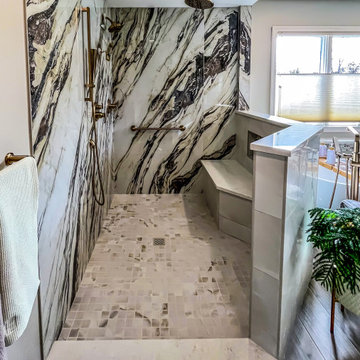 Master Bath with Refaced Vanity and Full Height Porcelain Tile Shower Walls