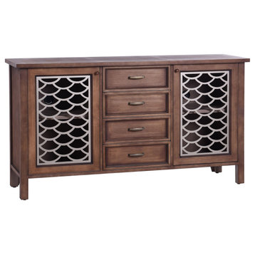 Scallop Four Drawer and Two Door Sideboard Silver, Natural Wood Finish