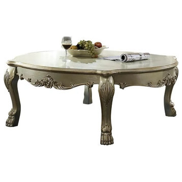 Classic Coffee Table, Oversized Top, Legs With Unique Carved Accents, Gold/Bone