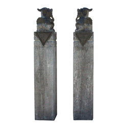 Chinese Pair Gray Black Color Stone Fengshui Pixiu Tall Slim Pole Statue - Garden Statues And Yard Art
