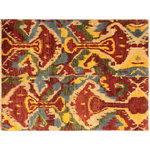 Bareens Designer Rugs - Modern Ziegler Ikat Sung Red Ivory Hand-Knotted Wool Rug - 5'1'' x 8'1'' - Enhance the ambiance of your home with this magnificent Persian-influenced Turkish hand-knotted rug made by skilled artisans capable of creating the most exceptional vegetable dyes and hand-spun wool. This exquisite handmade rug is a one-of-a-kind  Kafkaz, otherwise identified as Chobi, Chobi Peshawar, Oushak, or Ziegler rug. These handmade rugs are crafted in Pakistan utilizing superior-quality wool imported from Australia, New Zealand, and Korea in two types of weaves: the Persian weave and the Mori weave. This rug is meticulously crafted by hand using the finest natural vegetable dyes extracted from local plants. The artisans use a blend of hand-spun local and fine merino wool, resulting in a rug with a compelling texture, higher lanolin content, and longer staple. The artisans occasionally incorporate natural or artificial silk into the pile to enhance specific motifs. The finished product is an awe-inspiring execution of flawless design and an understated palette that exudes elegance.