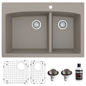 Karran Drop-In Quartz 33" 1-Hole 60/40 Double Bowl Sink Kit, Concrete