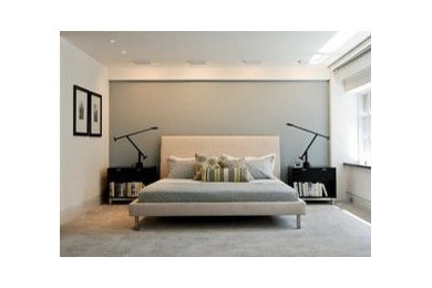 Foto de habitación de invitados moderna de tamaño medio sin chimenea con paredes grises y moqueta