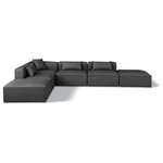 Meridian Furniture - Cube Upholstered Modular Sectional, Grey, 6-Piece: 3 Armless Chair, 1 Corner Chair, 2 Ottoman, Vegan Leather - Elevate your space with the luxurious Cube Vegan Leather Modular Sectional. This modular sectional exudes modern elegance, charm, and comfort making it a perfect addition to any contemporary living space. Its clean lines and cube shape are reminiscent of minimalist design, while the plush charcoal grey vegan leather upholstery adds a touch of luxury and sophistication. The chair's versatile construction and geometric aesthetic seamlessly integrate into various design styles, from sleek living rooms to chic home offices, embodying the essence of modern design and creating a sense of order and tranquility in your space.